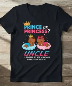 Prince or Princess Uncle Gender Reveal T-Shirt with cute babies and crowns. Text reads "Prince or Princess? Uncle is excited