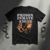 Prison Inmate 43029 text with bloody handprints graphic on a black t-shirt