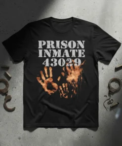 Prison Inmate 43029 text with bloody handprints graphic on a black t-shirt