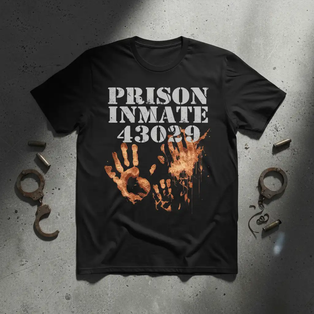 PRISON INMATE 43029 text with distressed bloody handprint graphic on black t-shirt