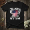 PRO-AMERICA ANTI-TRUMP text design on a black t-shirt with an American flag shield and wings graphic