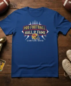 Pro Football Hall of Fame Canton Ohio text with football helmet graphic on a blue t-shirt