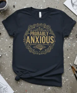 Probably Anxious t-shirt with vintage golden ornate design and brain graphic, dark navy color