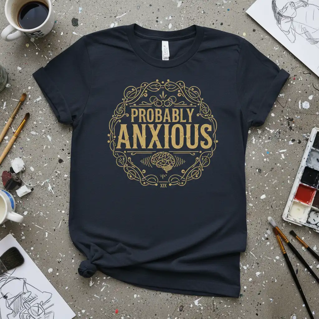Probably Anxious quote t-shirt featuring ornate gold design and brain graphic, dark navy