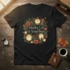 T-shirt with the quote "Probably Late for Something" surrounded by vintage clocks, mushrooms, and flowers