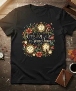 T-shirt with the quote "Probably Late for Something" surrounded by vintage clocks, mushrooms, and flowers