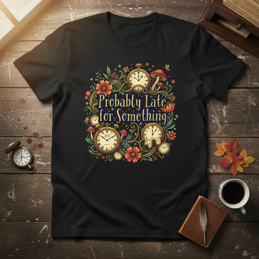 Probably Late for Something quote t-shirt design with vintage clocks and floral elements