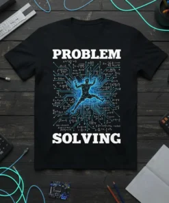 Black t-shirt with white text "PROBLEM SOLVING" and a blue glowing circuit board graphic of a person solving equations