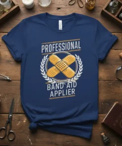 PROFESSIONAL BAND AID APPLIER text with crossed band-aids graphic on a navy blue t-shirt