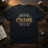Black t-shirt with gold and white text reading "PROFESSIONAL CHAOS COORDINATOR" in a decorative font with arrows and hearts