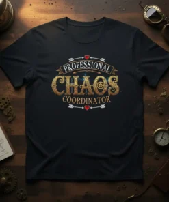 Black t-shirt with gold and white text reading "PROFESSIONAL CHAOS COORDINATOR" in a decorative font with arrows and hearts