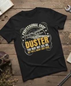 Black t-shirt with "Professional Crop Duster You May Not See Me. But You'll Know I Was There." quote and vintage