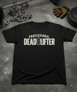 Black t-shirt with white distressed text "PROFESSIONAL DEAD LIFTER" and a coffin graphic, designed for weightlifting enthusiasts