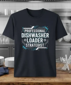 Professional Dishwasher Loader Strategist text design in white and blue on a navy t-shirt, featuring geometric circuit board elements