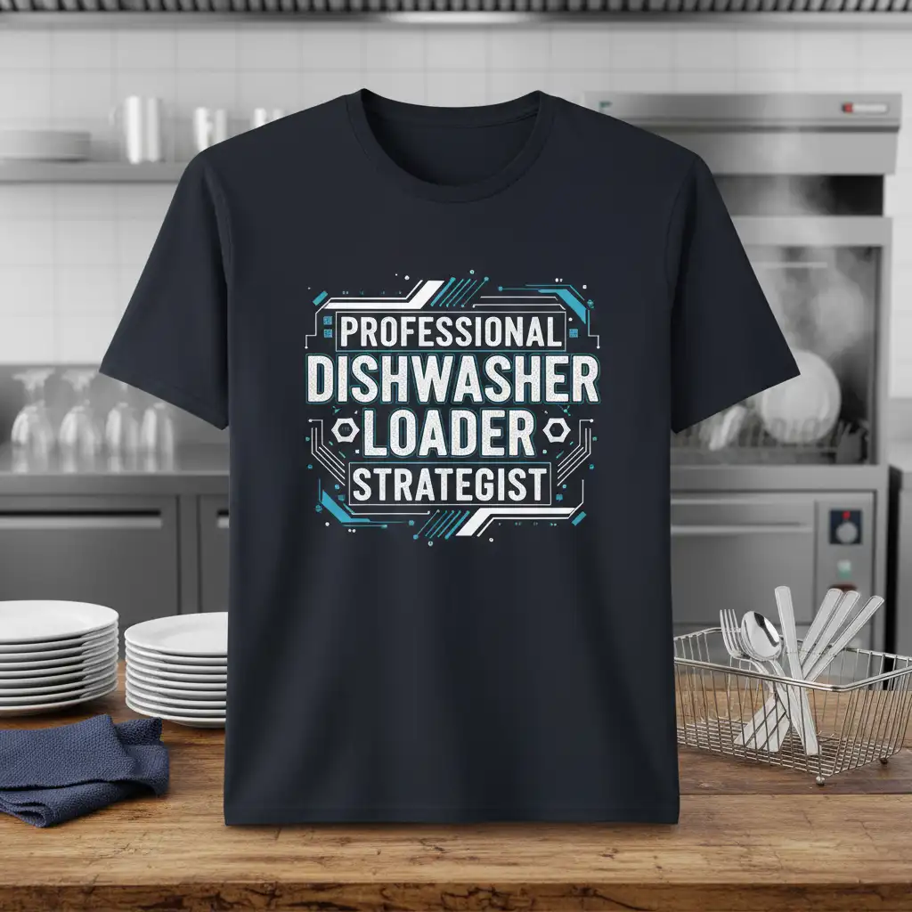 Professional Dishwasher Loader Strategist quote tee featuring modern circuit board graphics and bold typography