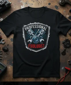 Professional Fixologist T-Shirt featuring crossed pistons and wrenches with circuit board design, celebrating mechanics