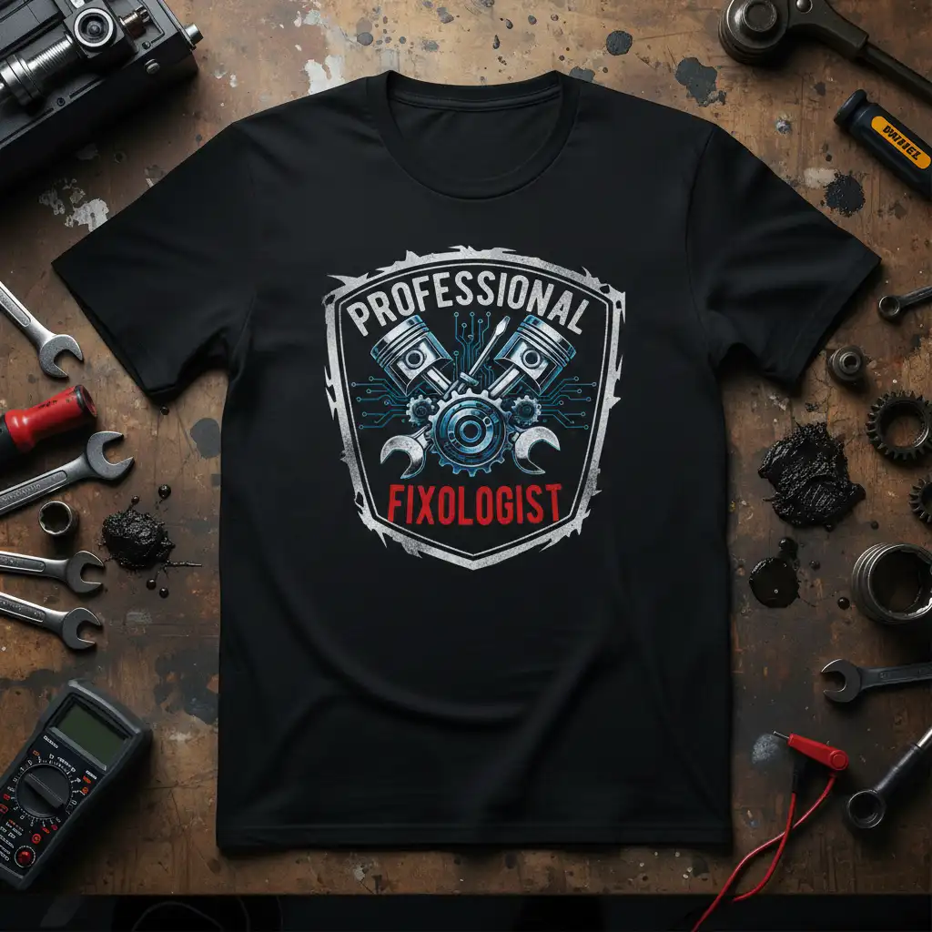 Professional Fixologist graphic tee showcasing crossed pistons and wrenches with intricate circuit board details