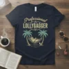 Professional Lollygagger text with a sloth relaxing in a hammock between palm trees on a navy t-shirt