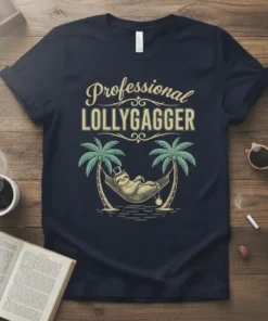 Professional Lollygagger text with a sloth relaxing in a hammock between palm trees on a navy t-shirt