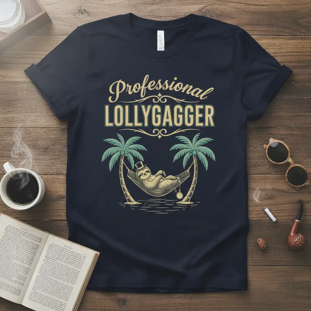 Professional Lollygagger text and sloth graphic on a navy t-shirt, perfect for a funny vacation tee