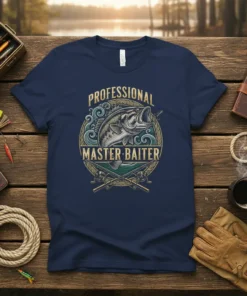 Professional Master Baiter fishing t-shirt design featuring a bass fish, fishing rods, and waves