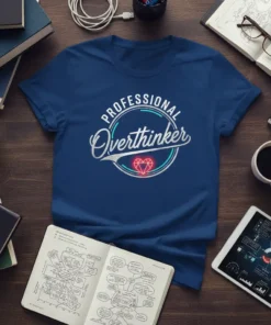 Professional Overthinker text design with a neon-like circle and heart graphic on a navy blue t-shirt