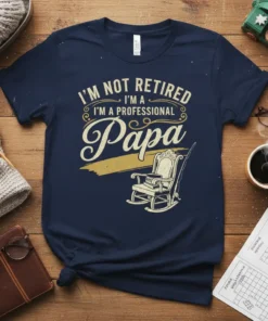 Navy t-shirt with text "I'm Not Retired I'm A Professional Papa" and an illustration of a rocking chair with books