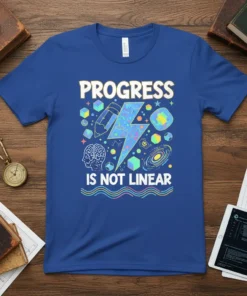 Blue t-shirt with the quote "PROGRESS IS NOT LINEAR" in white and yellow, surrounded by colorful graphics of a lightning