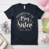 Promoted to Big Sister Est. 2026 text with hearts and footprints on a navy t-shirt