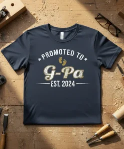 Promoted to G-Pa Est. 2024 text with baby footprints graphic on a navy t-shirt