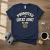 Promoted to Great Aunt Est 2026 t-shirt with decorative footprints and vintage text