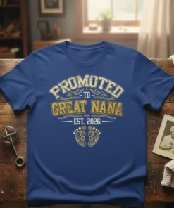 Promoted to Great Nana Est. 2026 text and baby footprints graphic on a blue t-shirt