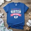 Promoted to Sister Est. 2021 text with baby feet graphic on a blue t-shirt