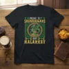 Prone to Shenanigans and Malarkey text with a green dragon and pot of gold on a black t-shirt, featuring shamrocks
