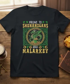 Prone to Shenanigans and Malarkey text with a green dragon and pot of gold on a black t-shirt, featuring shamrocks