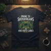 Prone to Shenanigans and Video Games t-shirt featuring a neon green video game controller graphic and Celtic knot accents