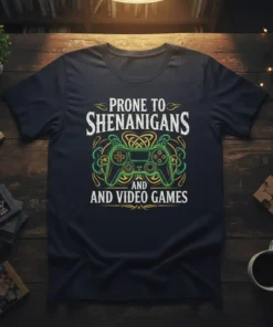 Prone to Shenanigans and Video Games t-shirt featuring a neon green video game controller graphic and Celtic knot accents