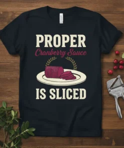PROPER Cranberry Sauce IS SLICED text with an illustration of sliced cranberry sauce on a plate, on a black t-shirt