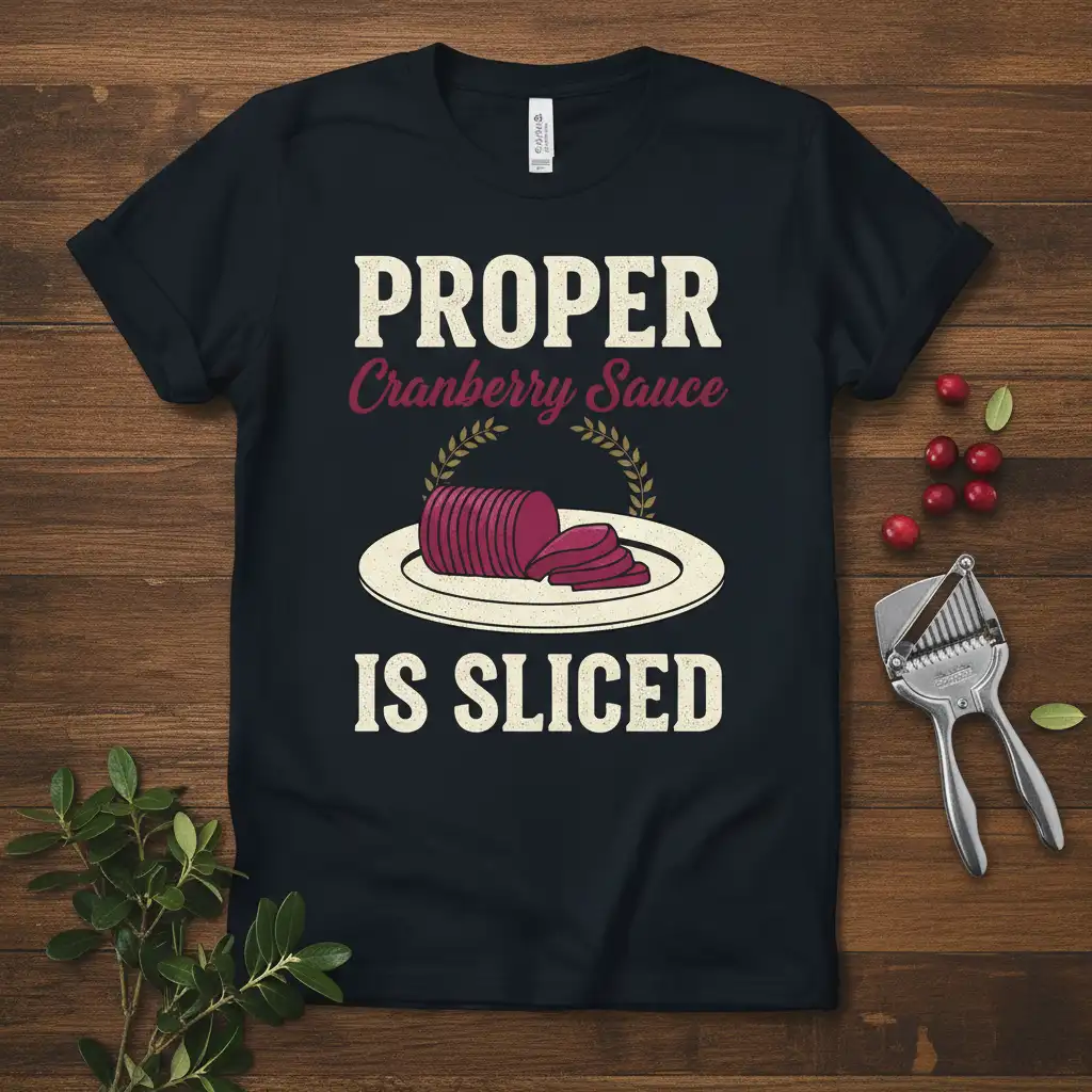 PROPER Cranberry Sauce IS SLICED text design with sliced cranberry sauce illustration on a black tee