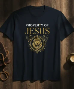 Property Of Jesus t-shirt design with a golden lion wearing a crown and a cross symbol