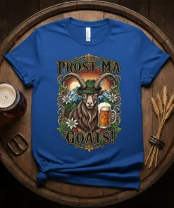 Prost Ma Goats! T-Shirt design featuring a goat in a green hat holding a beer, with mountains and flowers