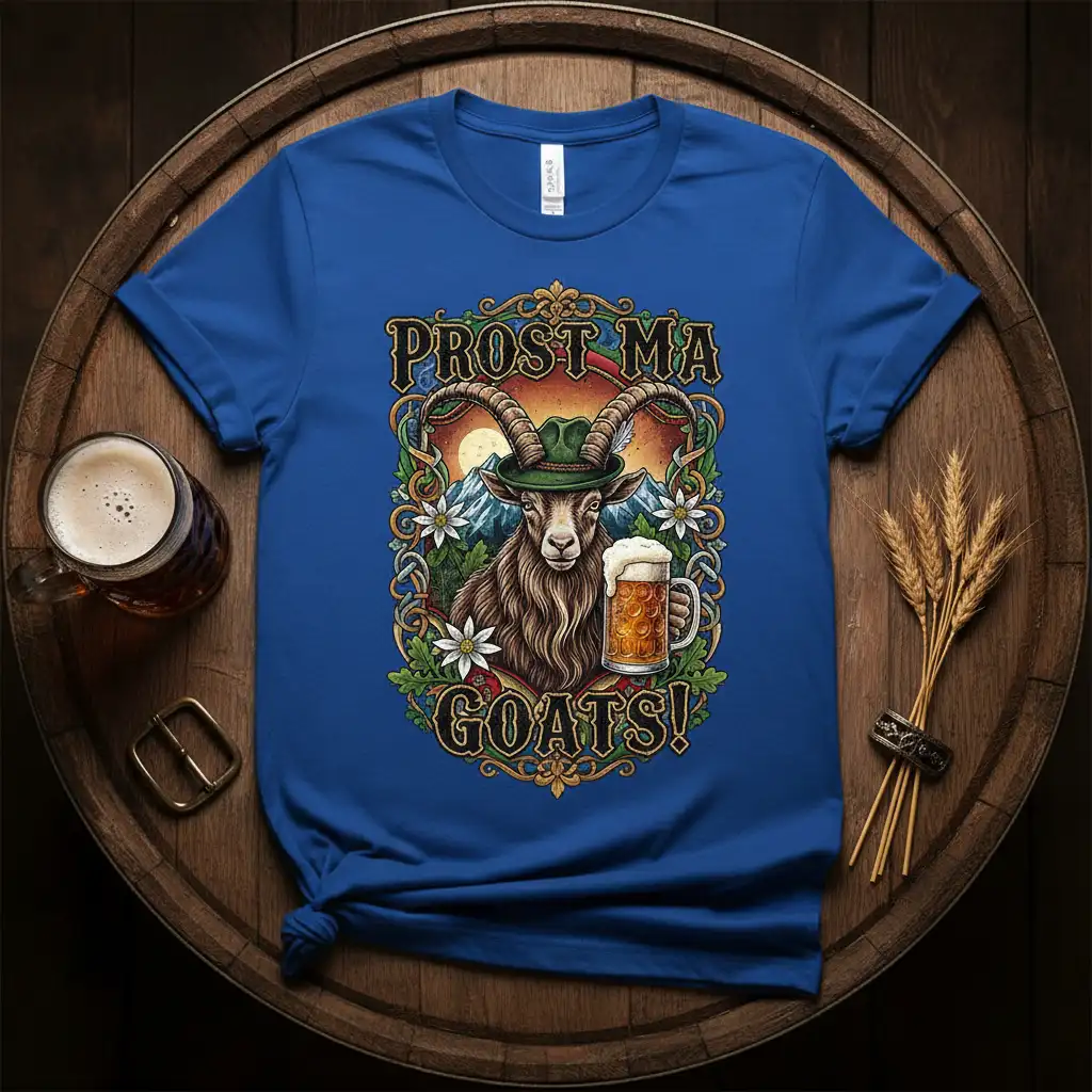 Prost Ma Goats! text and illustration of a festive goat with beer, designed for Oktoberfest celebrations