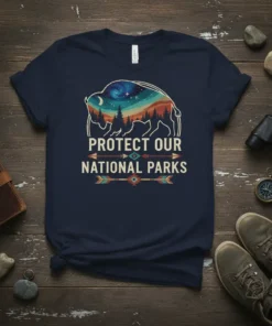 Bison silhouette graphic with "Protect Our National Parks" text and tribal arrows on a navy blue t-shirt
