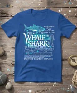 Whale Shark educational t-shirt design with facts and illustrations, featuring the text "Protect Respect Explore"