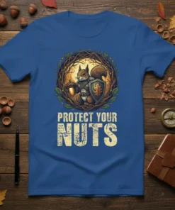 Protect Your Nuts t-shirt with a squirrel holding an acorn and shield, surrounded by branches