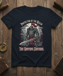 Protector of the Realm The Undying Sentinel t-shirt design featuring a knight in full armor holding a sword with dramatic