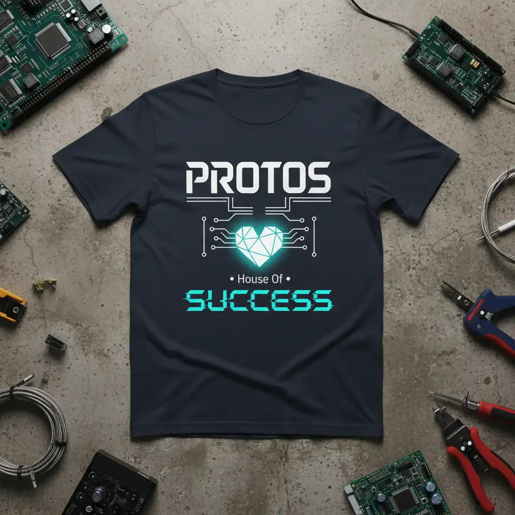 PROTOS House Of SUCCESS text and digital heart graphic on a dark t-shirt, representing tech and innovation