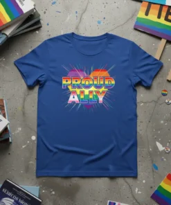 Proud Ally text within a rainbow heart graphic on a blue t-shirt