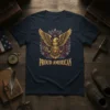 Proud American text with golden eagle emblem on a navy blue t-shirt design