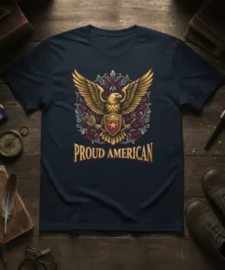 Proud American text with golden eagle emblem on a navy blue t-shirt design